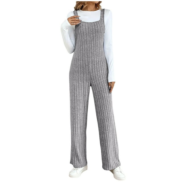 AherBiu Womens Ribbed Jumpsuits Sleeveless Square Neck Comfy Suspenders Slim Stretchy Rompers
