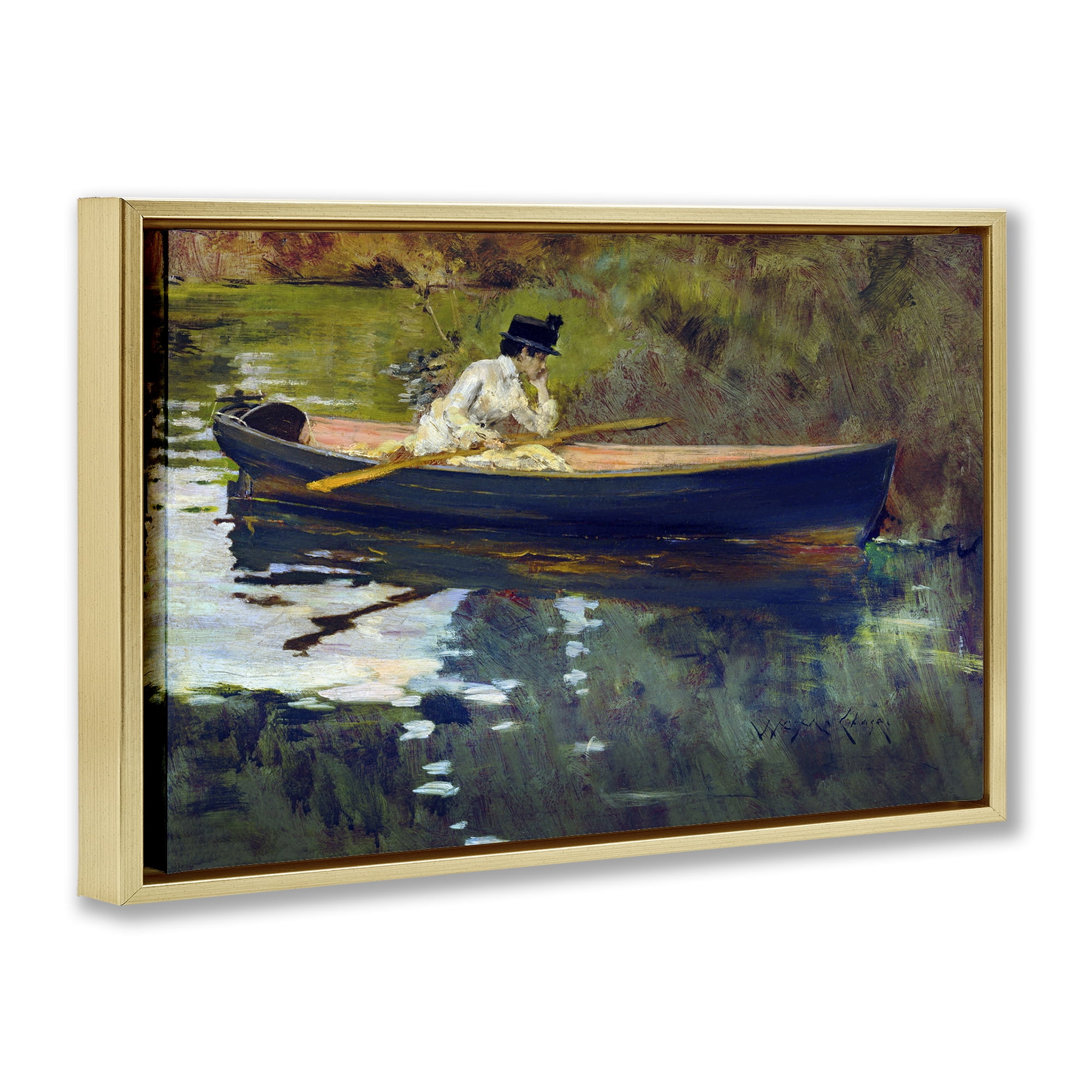 Stupell Industries Thoughtful Woman on Canoe Novelty Painting Gold Floater Framed Art Print Wall Art, 31 x 21