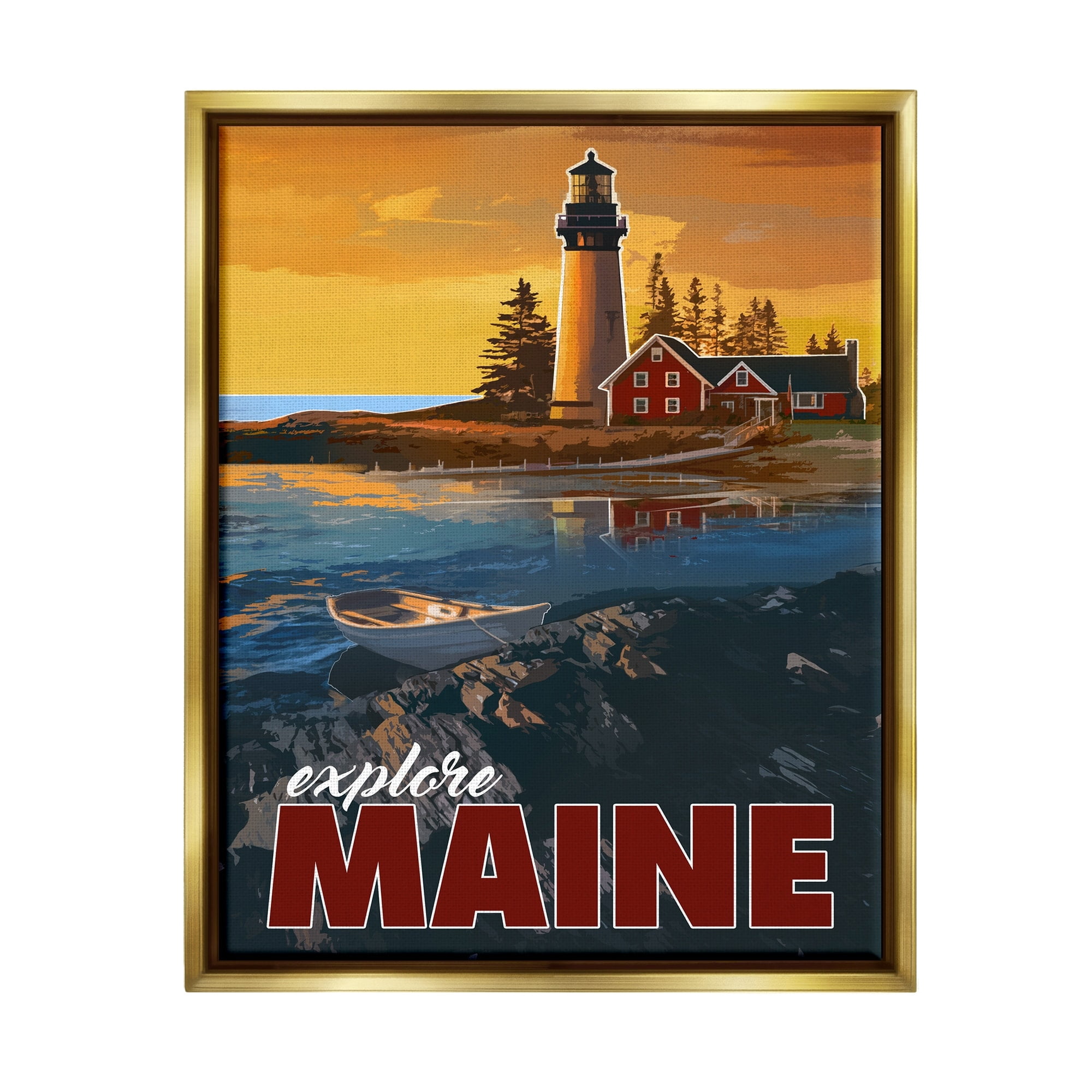 Stupell Industries Explore Maine Distant Ocean Lighthouse Beacon Travel Graphic Art Metallic Gold Floating Framed Canvas Print Wall Art, Design by David Owens Illustration