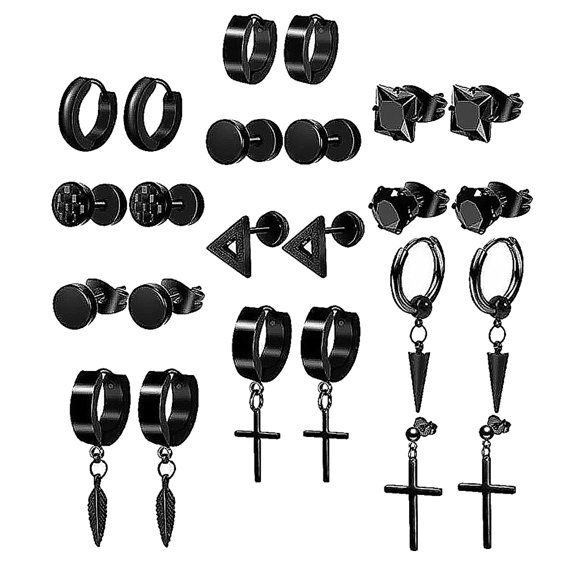KAKOWELY 12 Pairs Simple Design Earrings Black Stainless Steel for Men and Women