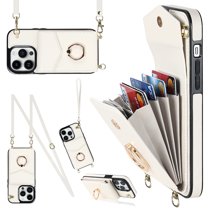 Mantto for iPhone 12 Pro / iPhone 12 6.1" Wallet Case with Magnetic RFID Blocking Ring Holder Kickstand Cover, PU Leather Crossbody Shoulder Strap Lanyard Case with Card Slot Kickstand Case,White