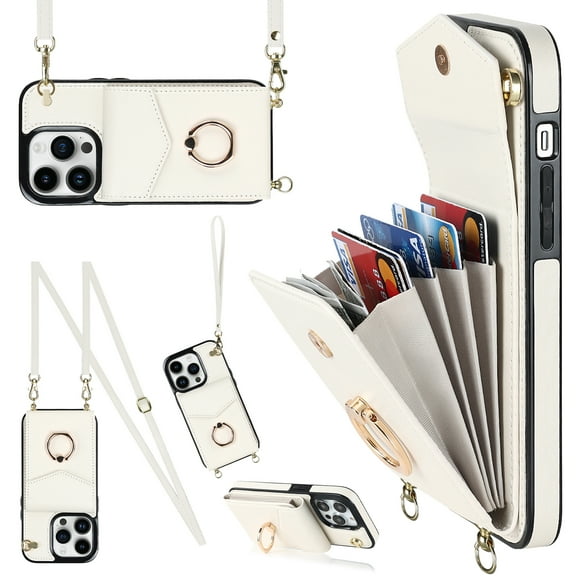 for iPhone 14 Pro Wallet Case with Magnetic RFID Blocking Rotated Ring Holder Kickstand Cover, PU Leather Crossbody Shoulder Strap Lanyard Case with Card Slot Bag Kickstand Case,White