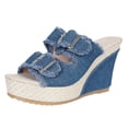 thumbnail image 5 of Denim Platform Sandals for Women Open Toe Double Buckle Band Wedges Heels Nonslip Slip on Slides HIgh Heeled Beach Shoes Blue Size 9, 5 of 5
