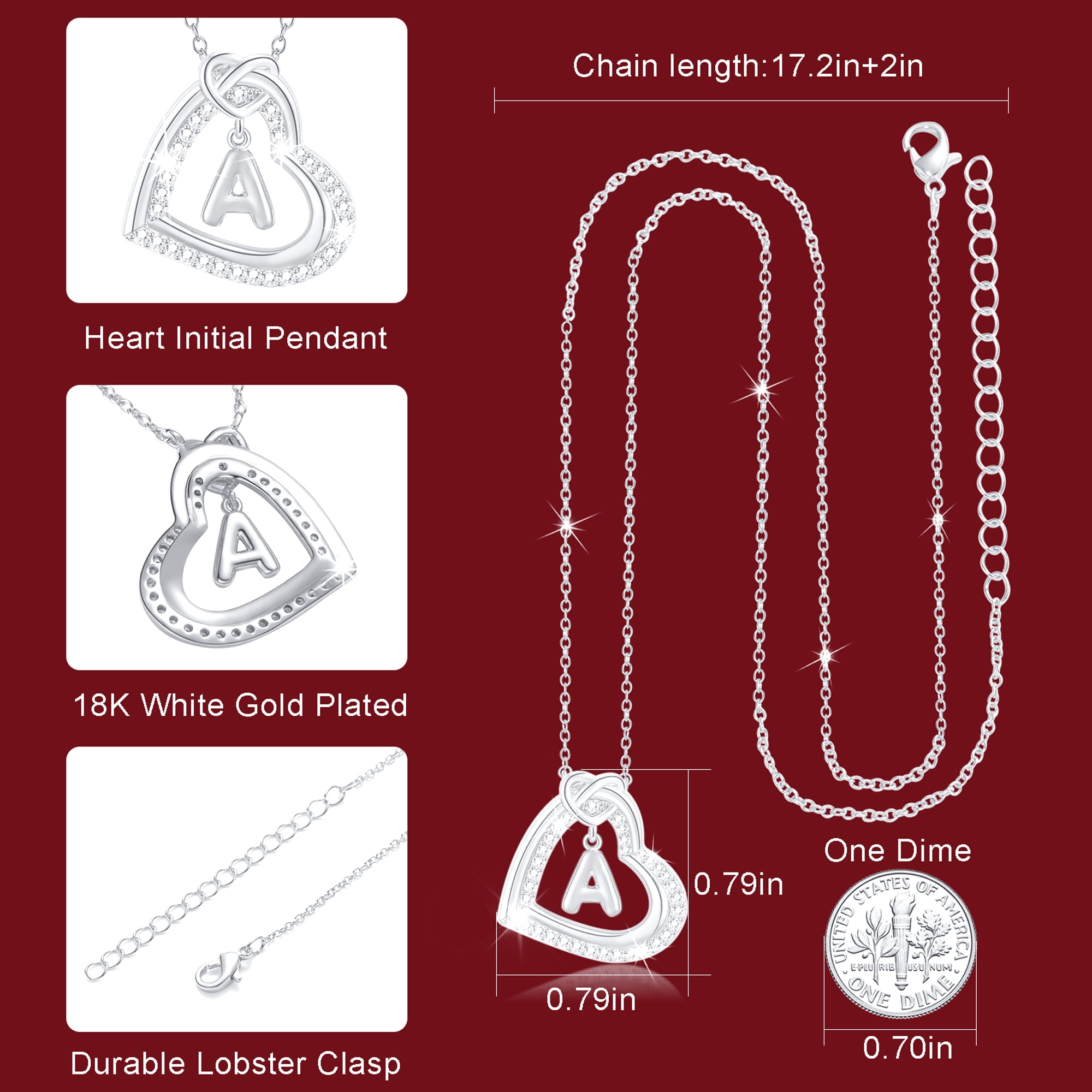 18K White Gold Plated Love Heart Initial Necklaces for Women Girls CZ S925 Sterling Silver Letter A Pendant Chain Birthday Valentines Day Jewelry Gifts Teen Her Girlfriend Wife Kids Age Ideas