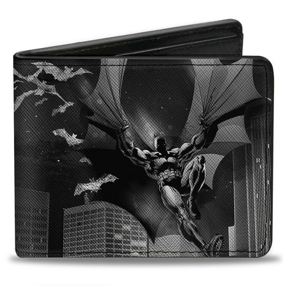 DC Comics Wallet, Bifold, Batman Beauty of Flight Action Pose Bats Skyline Black Grays, Vegan Leather