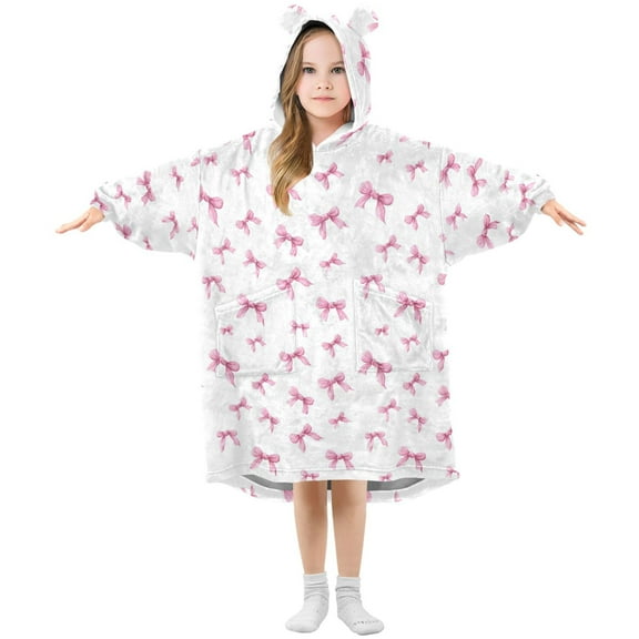 Wearable Blanket Hoodie for Kids Pink Bow Flannel Hooded Blanket with Pockets and Sleeves Suitable for Boys and Girls