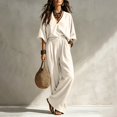 thumbnail image 5 of Clossjun Linen Sets for Women Dressy Casual Cozy Outfits 3/4 Sleeve Top & Wide Leg Pants Fall Vacation Lounge Sets for Work Out Teacher 2XL, 5 of 6