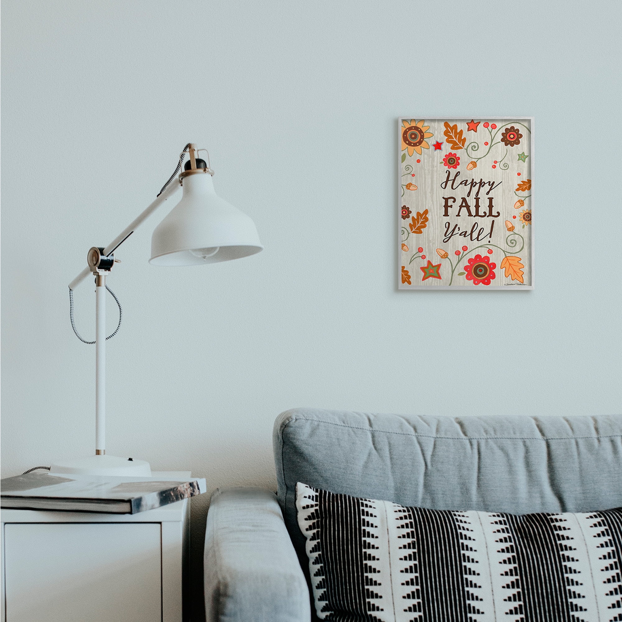 Stupell Industries Happy Fall Y'all Phrase Autumn County Border Landscape Painting Gray Framed Art Print Wall Art, 11 x 14