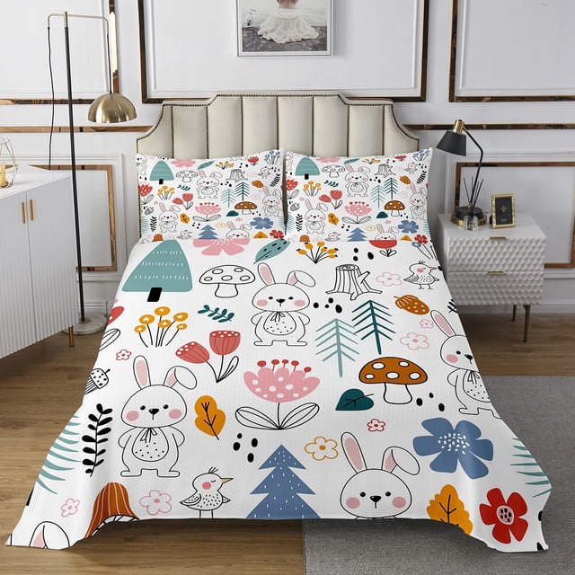 Erosebridal Kawaii Rabbit Coverlet Set Twin for Kids, Flower Plant Bedding Set, Cartoon Decor, 2pcs
