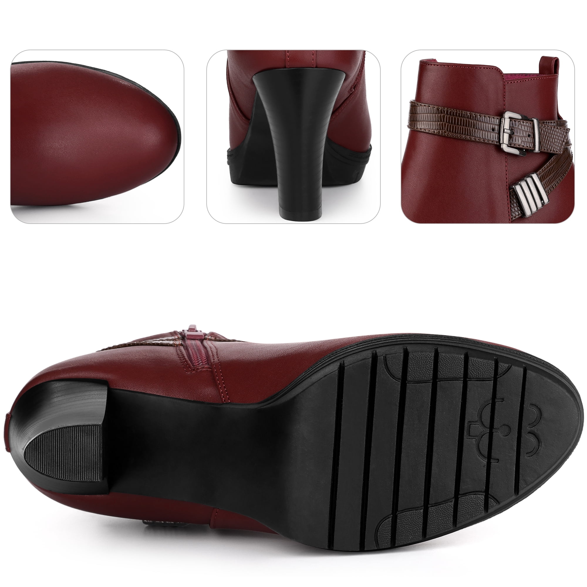 Unique Bargains Platform Block Heel Boots Buckle Ankle Boots for Women Burgundy 6.5