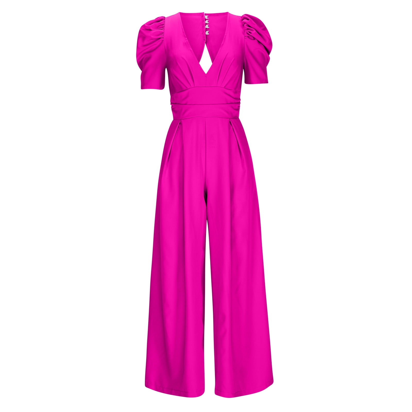Puff Sleeve Jumpsuits for Women Dressy Sexy Deep V Neck Wide Leg Romper One Piece Formal Business Party Long Pants