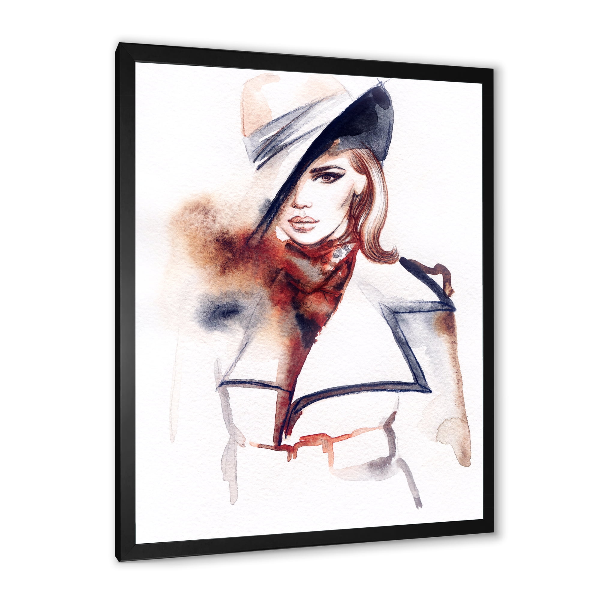 Fashion Portrait of Woman Wearing Hat 30 in x 40 in Framed Painting Canvas Art Print, by Designart