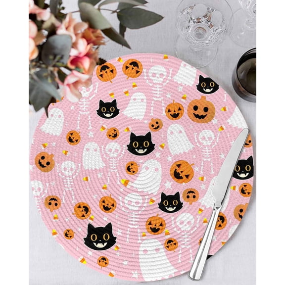 13 Inch Round Placemats Set of 4, Halloween Pink Non Slip Heat Insulation PP Table Mats, Black White Ghost Orange Skull Pumpkin Washable Place Mats for Kitchen Dining Party Table Decor