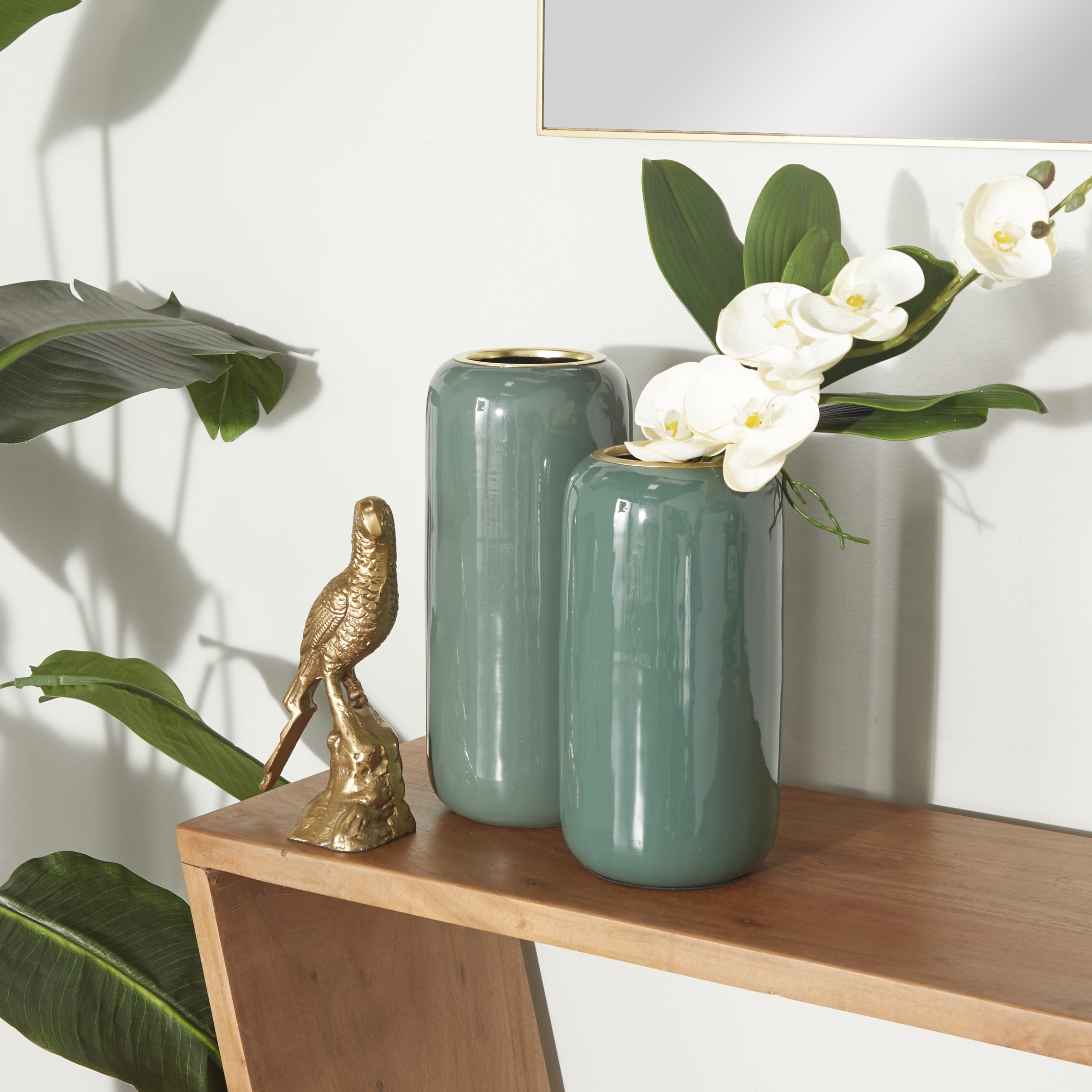 DecMode 13", 11"H Green Metal Vase, Set of 2