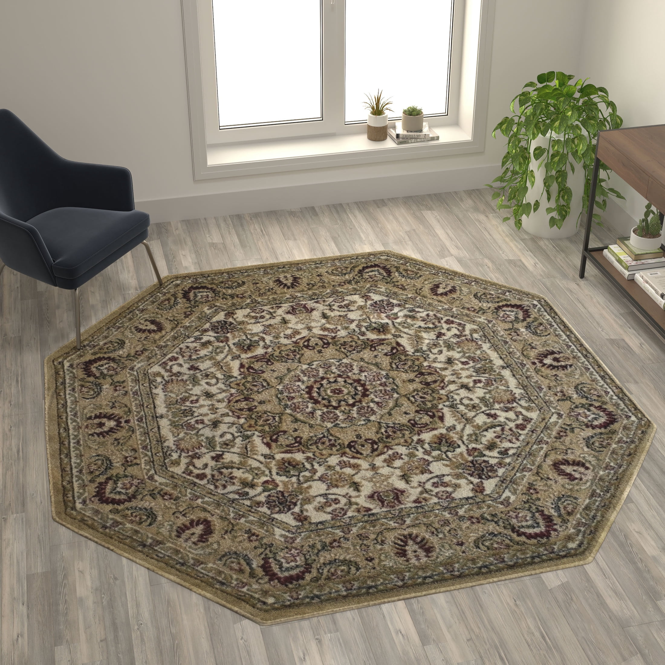 Flash Furniture Mersin Collection Octagonal Traditional Black, Burgundy, Green, Beige, Ivory Area Rug, 7' x 7'