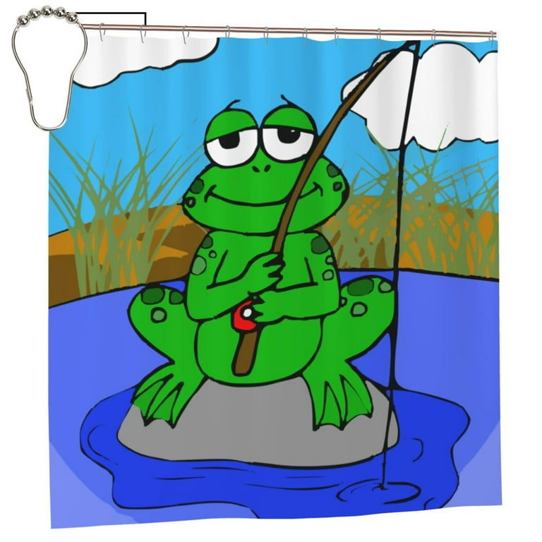 Cartoon Fishing Frog Pattern Shower Curtain, Funny blue Waterproof