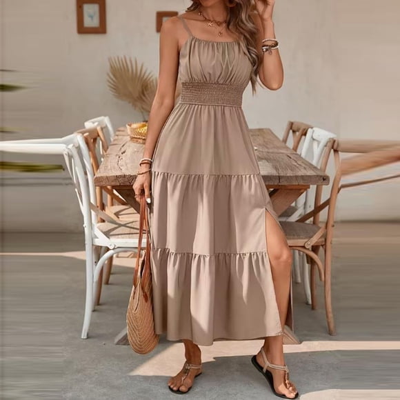 Graduation Dresses for Teens Women's Boho Maxi Dress, Summer Spaghetti Strap Wedding Guest Dresses Vacation Ruched Ruffle Flowy Sundress Khaki L
