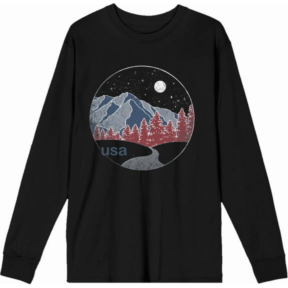 Americana Mountains and Trees Line Adult Black Crew Neck Long Sleeve Tee-Medium
