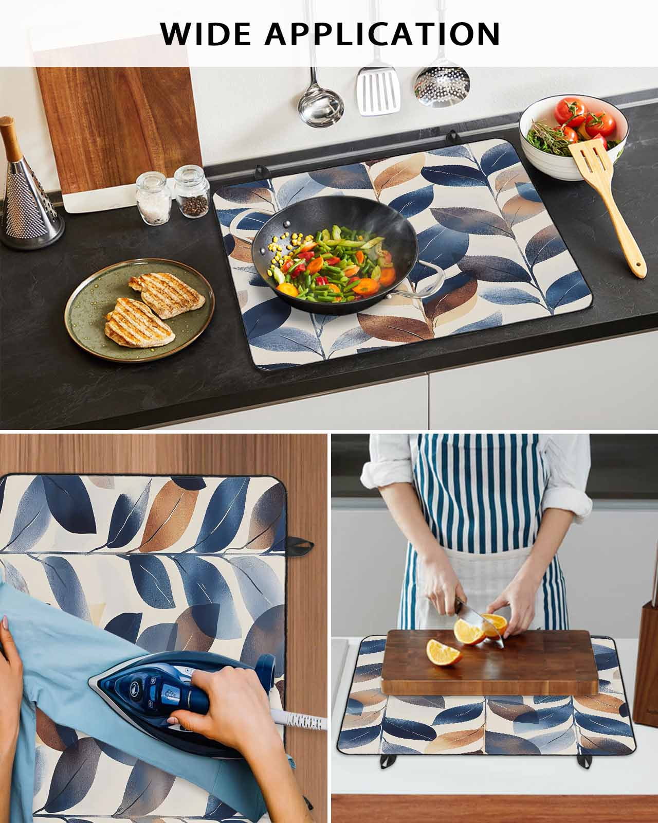 nqOlkjepod Large Induction Cooktop Protector Mat 24"x21", Navy Blue Burnt Orange Botanical Stove Top Covers for Electric Stove, Wildflower Palm Leaf Stove Burner Cover Mats, Glass Top Stove Cover