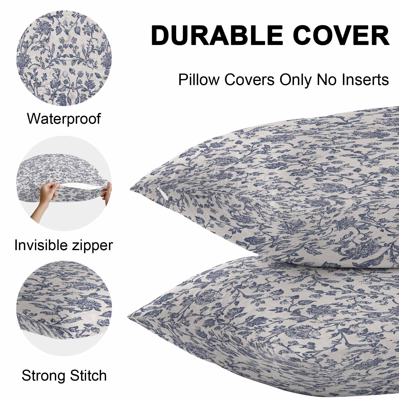 Blue Floral Leaf Waterproof Outdoor Throw Pillow Covers 12''x20'' Pack 2, Pillow Cases Throw Cushion Cover with Zipper, Retro Farmhouse Plant Tree Branch Washable Pillowcase for Poolside Sofa