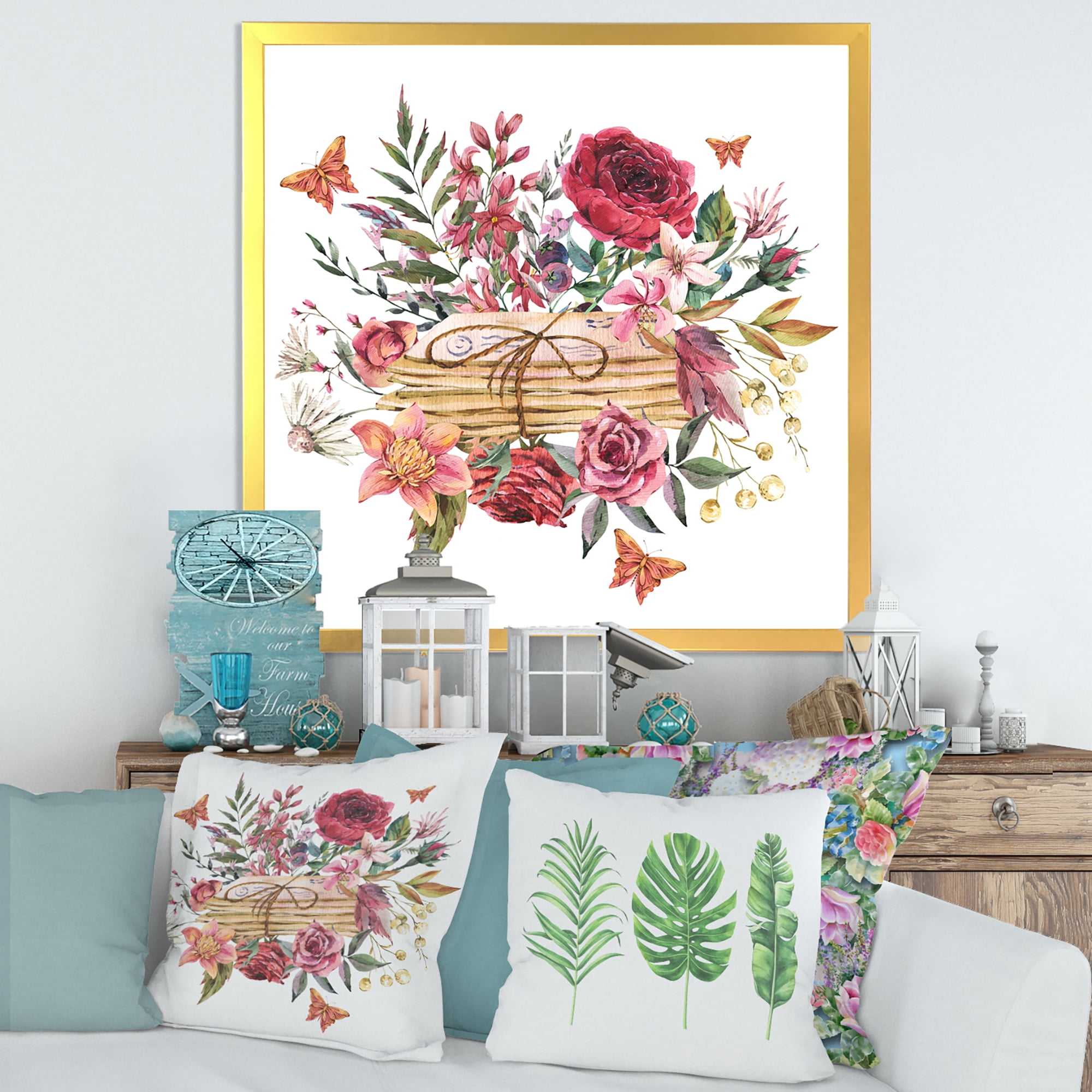 Designart 'Wildflowers With Vintage Old Letters' Farmhouse Framed Art Print