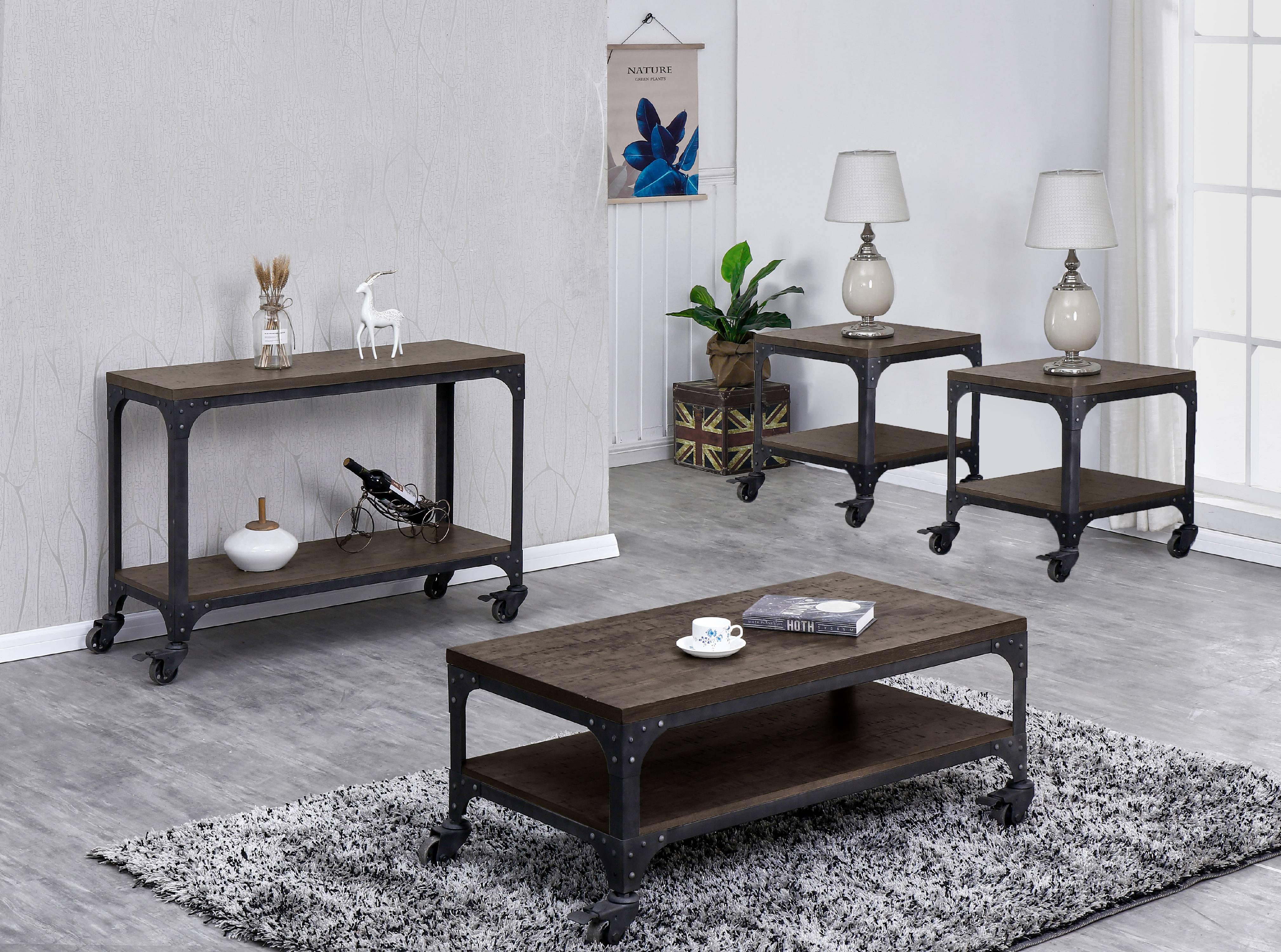 Light Rustic Wood Coffee table with wheels Set, (Coffee ...
