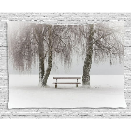Farmer Brown Christmas Tree Farm Farm House Decor Tapestry, Bench in the Snow Trees Winter Picture Snowflakes Christmas Season Art, Wall Hanging for Bedroom Living Room Dorm Decor, 80W X 60L Inches, White Brown, by Ambesonne ()