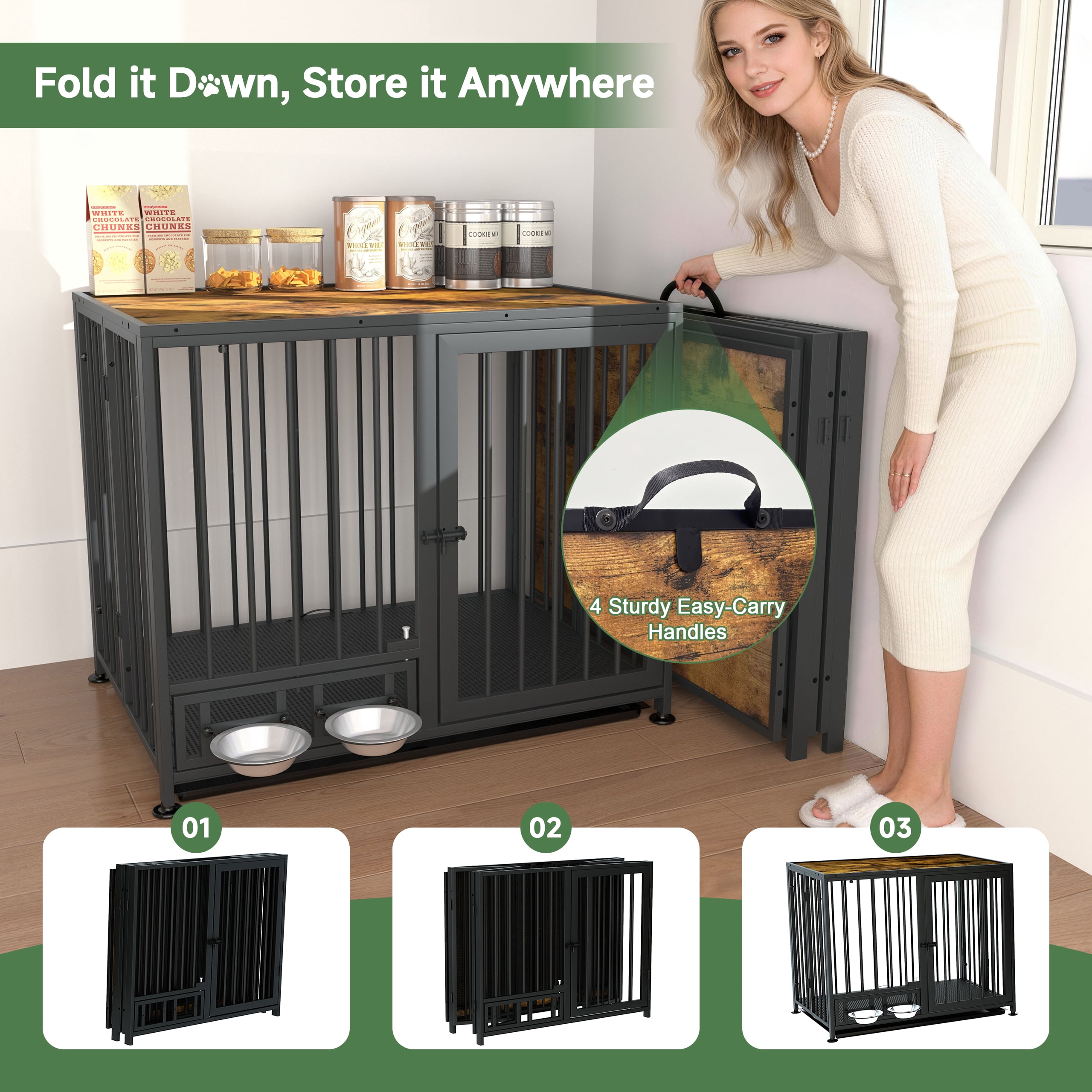 Amoveo 37.8" Heavy Duty Dog Crate for Medium Dogs, 3-in-1 Collapsible Metal Kennel & Playpen with Lockable Wheels & Feeding Bowls, Indoor Outdoor,Brown