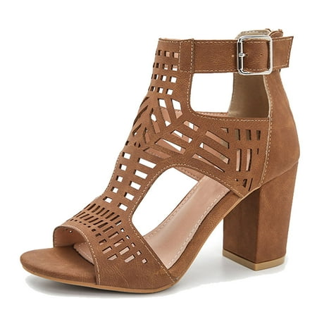 

ZJEOQOQ heeled sandals booties for women Big yards of hollow out fish mouth high-heeled sandals female new thick with buckles Roman shoes in summer