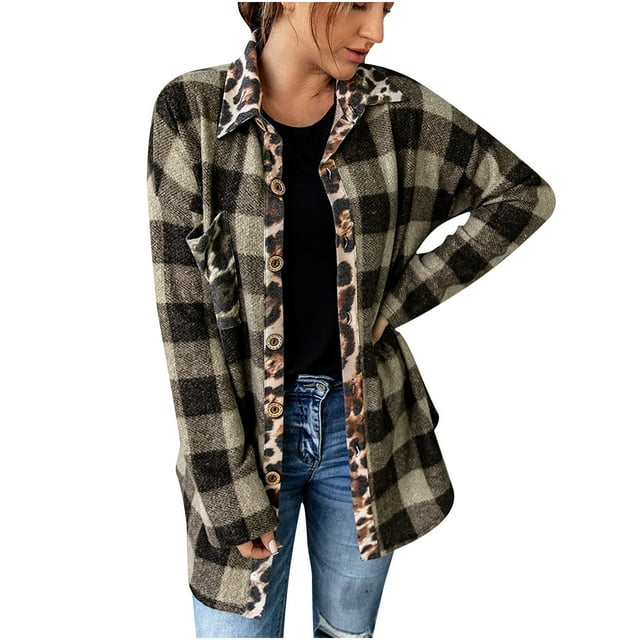 Leopard Print Jacket Ladies Houndstooth Leopard Print Contrast Plaid Long Sleeve Shirt Jacket