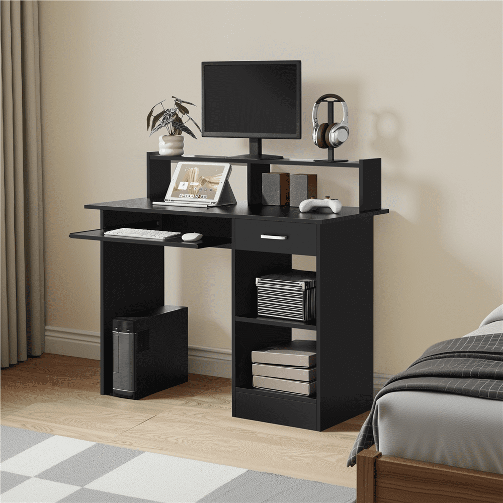 Yaheetech Home Office Computer Desk Laptop Table with Drawers Storage Shelf Keyboard Tray Black