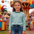 thumbnail image 2 of Ticikt Girls Boys Striped Thumb Hole Long Sleeve Shirts Kids Crewneck Tunic Tops Curved Hem Tees,Color:Green,Size:3-4 Years, 2 of 4