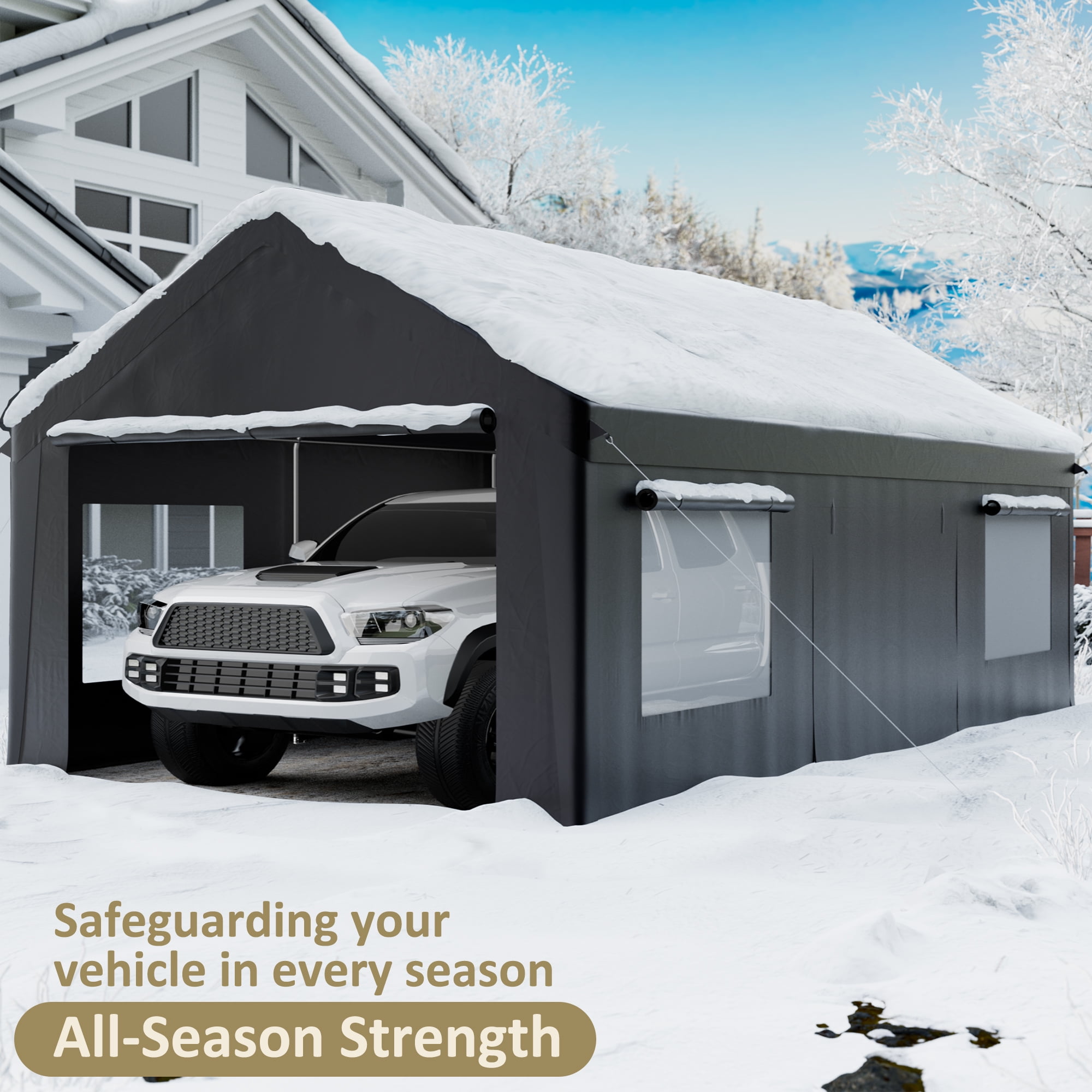 NETAJE 12'x20' Heavy Duty Portable Outdoor Garage Carport with Side-Opening Door, Roll-up Windows, Four-Hole Base for Car, Black