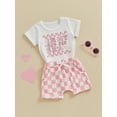 thumbnail image 3 of Suealasg Toddler Baby Girls 2Pcs Outfit Short Sleeve Letter Print Tops + Elastic Waist Checkerboard Shorts Sets Newborn Girls Summer Clothes 3-6 Months, 3 of 9