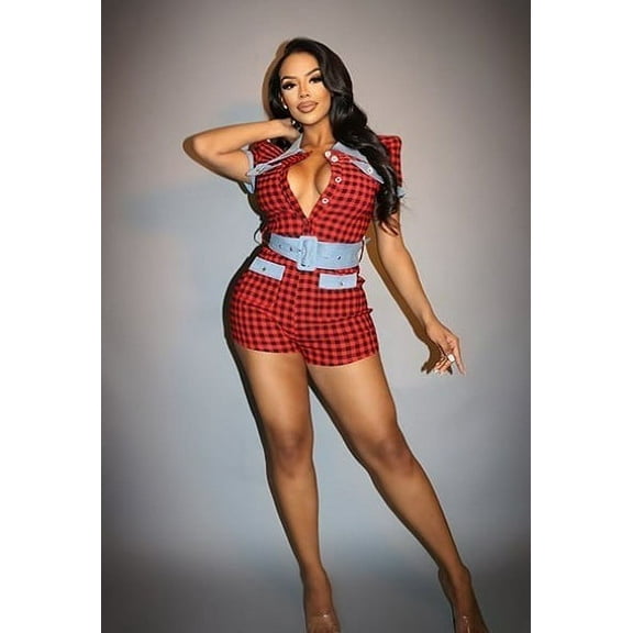 Plaid Print Denim Romper Red S