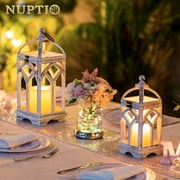 Nuptio Wood Lanterns Decorative Indoor & Outdoor - 12 / 16 Set of 2 Farmhouse White Wooden Candle Holder Lanterns for Wedding Centerpiece Fireplace Mantle Patio Outdoor Decor