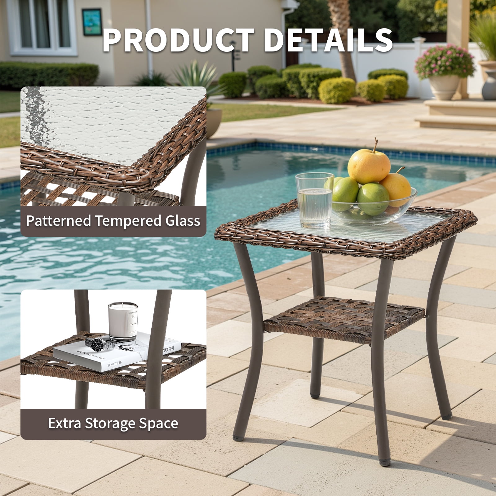 Hommoo Outdoor Wicker Side Table, Rattan Patio Table Square End Table for Pool Balcony Deck Porch, Brown
