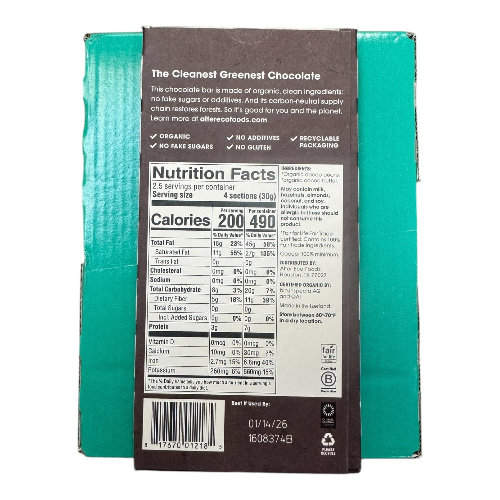 Alter Eco 12 Pack Dark Chocolate Bars Total Blackout 2.65oz Each 2026 Expiration