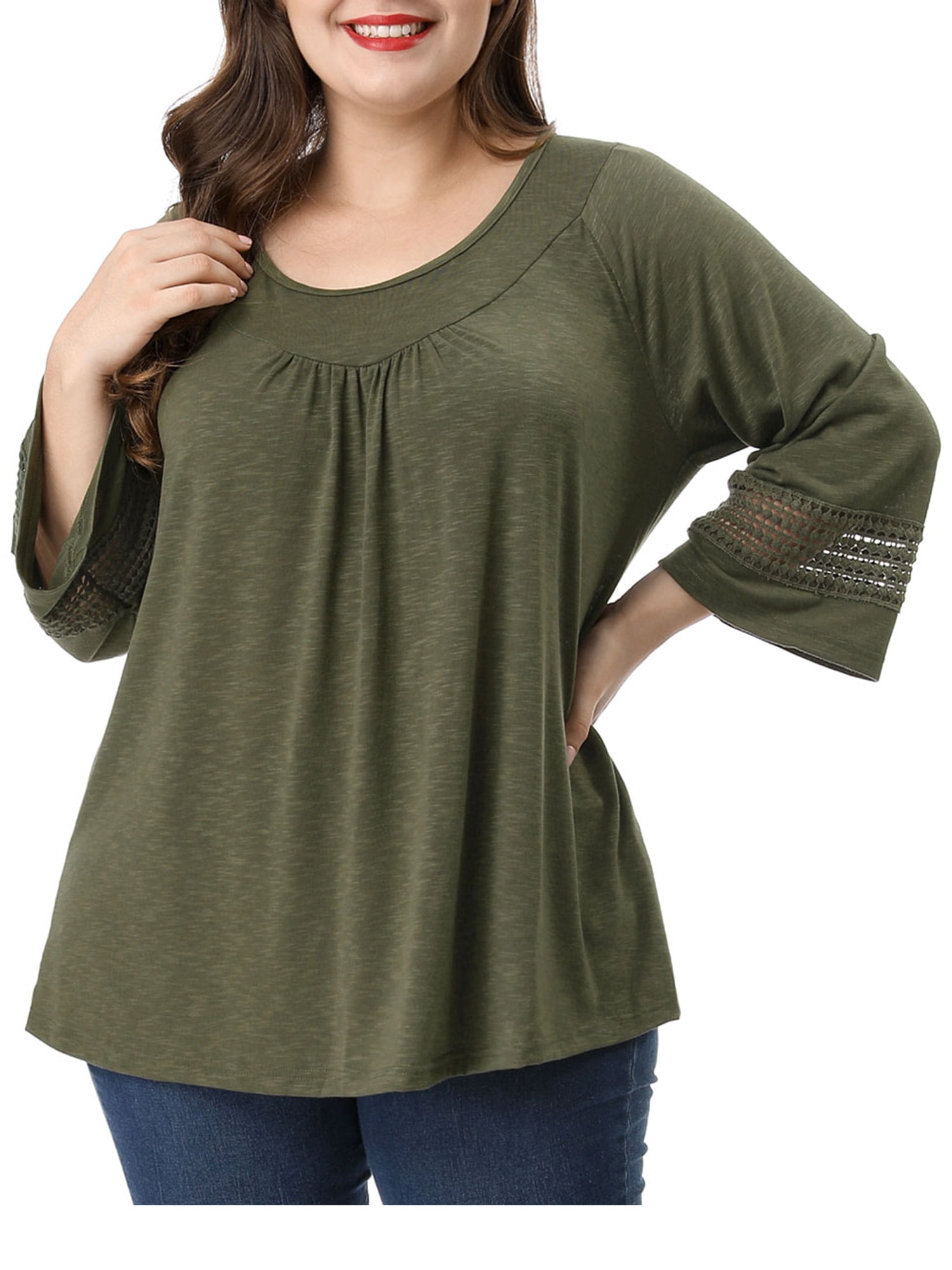 Unique Bargains Juniors' Plus Size Crochet Panel Kimono Raglan Sleeves Ruched Front Top Green 4X