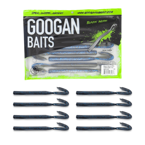 Googan Baits Blazin Worm 6 in Black Blue Soft Plastic Fishing Lure, 8 Count