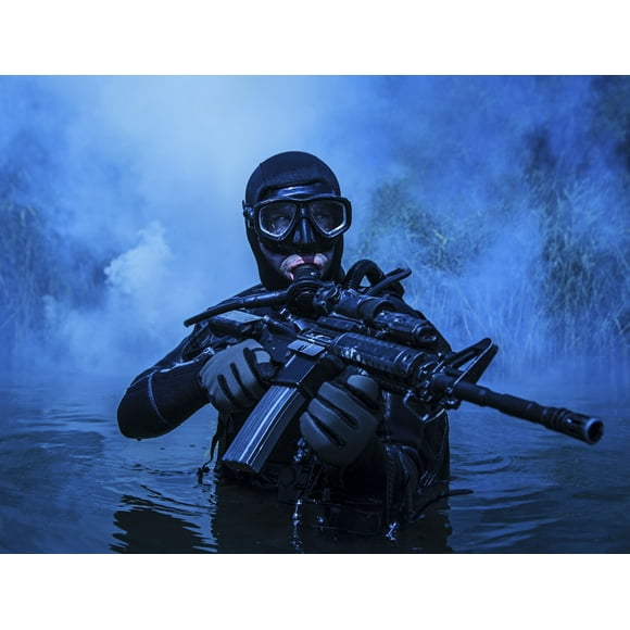 Frogman with complete diving gear and weapons in the water. Poster Print by Oleg Zabielin/Stocktrek Images (17 x 11)