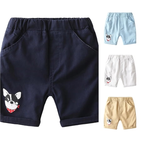 CUZIBR Boys Summer Casual Shorts Toddler Khaki Chino Shorts Elastic Waist Cute Cartoon Dog Print Lightweight Bottoms Kids Outdoor Walking Vacation Beach Dailywear Navy 4-5 Years