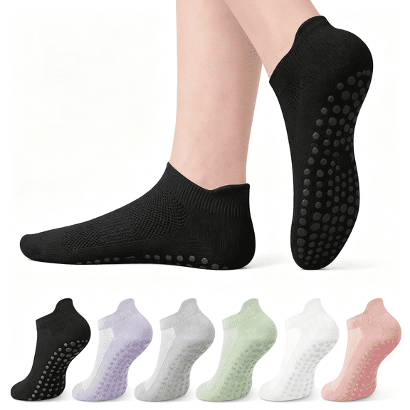 OQRKI 6 Pairs Pilates Socks with Grips for Women Non Slip Grip Socks Yoga Socks for Ballet Athletic Workout Hospital Non Slip Socks for Women
