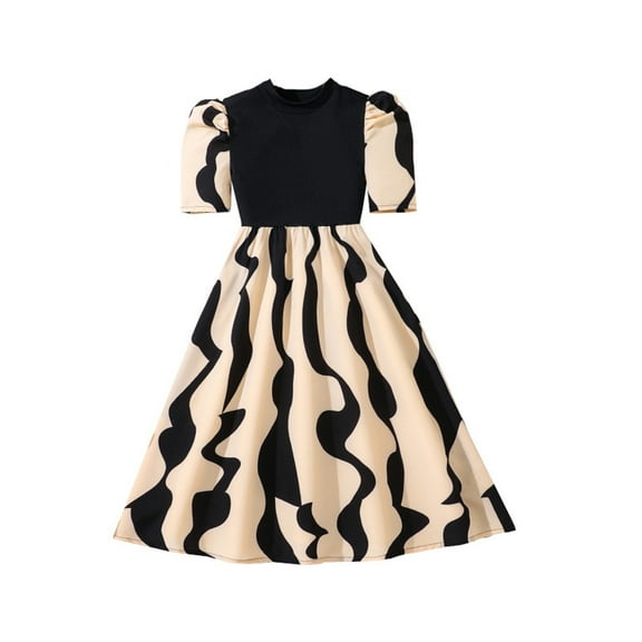 MIXUE Toddler Girls Casual Dresses Kids Summer Striped Print Knit Crew Neck Short Sleeve A Line Casual Maxi Dress Beachwear,Black,9-10 Years