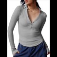 thumbnail image 2 of Camisetas Henley de Larga para Mujer, -Otoño 2025, de Punto Acanalado con Botones, Corte Entallado, Blusas Básicas Informales. Gris M, 2 of 7