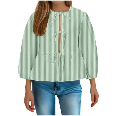 RbCulf Long Sleeve Shirts for Womens Cute Babydoll Tops Lightning Sale Lace-Up Front Peplum Blouses Summer Casual Striped Graphic Tees