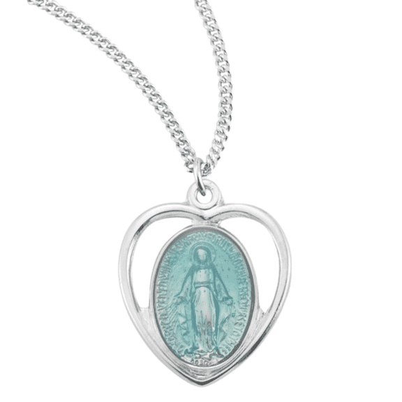 Sterling Silver Blue Enameled Miraculous Medal in Pierced Heart – Virgin Mary Pendant Necklace on 18" Rhodium-Plated Chain – Made in USA – Deluxe Velvet Gift Box