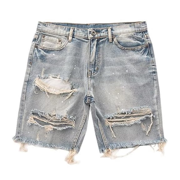 Joernso Men Summer Distressed Denim Shorts Button Zipper Fly Multi Pockets Short Jeans Straight Fit Ripped Holes Knee Length Distressed Denim Shorts