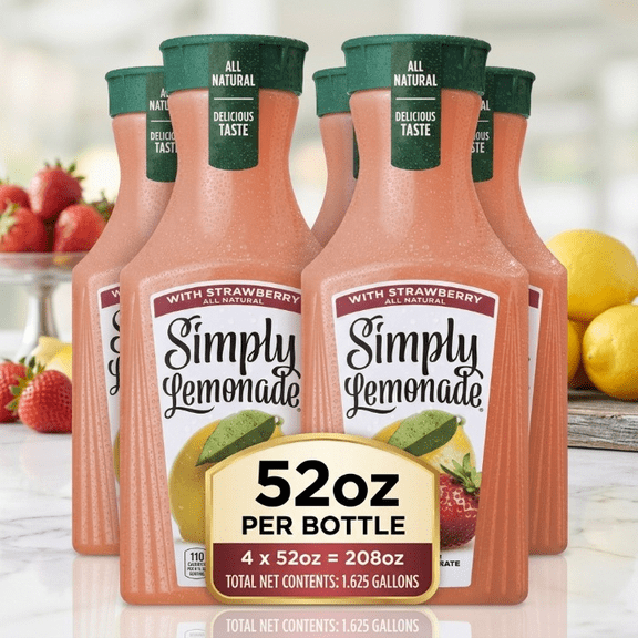 Simply Lemonade with Strawberry, All Natural Non-GMO, 52 fl oz – 4-Pack, Refreshing Fruit Beverage