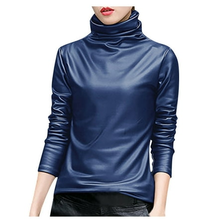 

Short Sleeve Scrub Tops Women Solid Women Turtleneck Sleeve Leather Blouse Casual Shirts Tops Long Women s Blouse